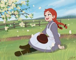 Rule 34 | 1girl, anne of green gables, anne shirley, apron, blue sky, boots, braid, branch, day, dress, fence, flower, freckles, galois, green pantyhose, grey dress, hat, unworn hat, unworn headwear, highres, medium hair, outdoors, pantyhose, petals, red hair, signature, sitting, sky, solo, twin braids