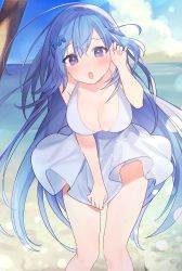 Rule 34 | 1girl, :o, bare arms, bare legs, bare shoulders, beach, blue hair, blue panties, blush, breasts, cleavage, commentary request, day, dress, emori miku, feet out of frame, hair ornament, halter dress, halterneck, highres, large breasts, lens flare, liver city, long hair, looking at viewer, ocean, open mouth, outdoors, panties, pantyshot, purple eyes, sleeveless, sleeveless dress, solo, standing, striped clothes, striped panties, tym taro, underwear, upskirt, very long hair, water, white dress, wind, wind lift