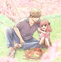 Rule 34 | 1boy, 1girl, anya (spy x family), asgykk, blonde hair, blue pants, child, feeding, food, fork, green eyes, grey shirt, hairpods, highres, holding, holding fork, on grass, open mouth, pants, picnic, pink hair, sandwich, shirt, short hair, smile, spy x family, twilight (spy x family)