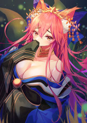 Rule 34 | 1girl, absurdres, animal ear fluff, animal ears, bare shoulders, blue kimono, blush, breasts, cleavage, collarbone, covering own mouth, fate/extra, fate/grand order, fate (series), fox ears, fox girl, fox tail, hair ornament, hairpin, highres, japanese clothes, jewelry, kimono, large breasts, long hair, long sleeves, looking at viewer, multiple tails, munseonghwa, neck ring, off shoulder, official alternate costume, pink hair, revision, tail, tamamo (fate), tamamo no mae (fate/extra), tamamo no mae (third ascension) (fate), tears, wide sleeves, yellow eyes