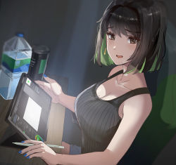Rule 34 | 1girl, absurdres, black hair, blue nails, bottle, breasts, brown hair, can, canned coffee, desk, drawing tablet, drink can, green hair, highres, holding, holding pen, large breasts, looking at viewer, miru (ormille), mole, mole on breast, multicolored hair, nail polish, ormille, pen, short hair, sitting, solo, tank top, two-tone hair, water bottle