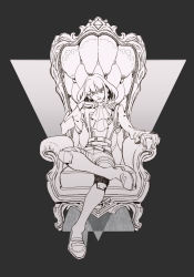 Rule 34 | 1boy, 805, ascot, bad id, bad pixiv id, chair, frown, gloves, head rest, highres, crossed legs, lio fotia, mad burnish, male focus, monochrome, promare, sitting, solo