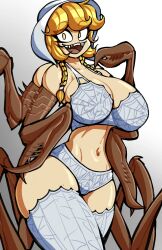 Rule 34 | absurdres, alternate breast size, arthropod girl, bonnet, bra, braid, breasts, bright pupils, cleavage, cliffside, cordie, cordie (cliffside), cowboy shot, extra arms, gradient background, hado (zzzhadozzz), highres, insect girl, large breasts, monster girl, navel, open mouth, panties, pincers, shadow, sharp teeth, silk, smile, spider girl, spider web, teeth, thick thighs, thighhighs, thighs, twin braids, underwear, underwear only, white bra, white panties, white pupils, white thighhighs, yellow eyes