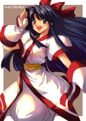 Rule 34 | 1girl, ainu clothes, arm up, blue hair, breasts, fingerless gloves, gloves, grey eyes, hair ribbon, highres, legs, long hair, nakoruru, pants, ribbon, samurai spirits, small breasts, smile, solo, the king of fighters, thighs