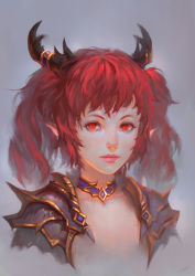 Rule 34 | 1girl, armor, artist name, fom (lifotai), horns, lips, original, pointy ears, portrait, red eyes, red hair, solo