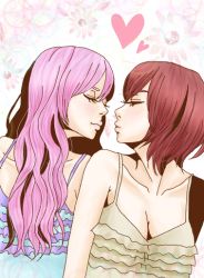 Rule 34 | 2girls, bad id, bare shoulders, breasts, brown hair, camisole, casual, cleavage, closed eyes, closed mouth, collarbone, couple, female focus, heart, imminent kiss, lips, long hair, medium breasts, megurine luka, meiko (vocaloid), multiple girls, neck, pink hair, short hair, side-by-side, tank top, upper body, vocaloid, yuri