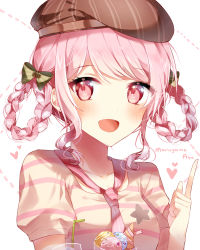 Rule 34 | 1girl, :d, alternate hairstyle, bang dream!, beret, blush, bow, braid, braided hair rings, brown hat, character name, food, green bow, hair bow, hair rings, hat, heart, ice cream, index finger raised, looking at viewer, maruyama aya, neckerchief, open mouth, pink eyes, pink hair, pink neckerchief, pink shirt, pink theme, shirt, short sleeves, sidelocks, smile, solo, striped bow, striped clothes, striped headwear, striped shirt, taya oco, upper body