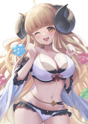 Rule 34 | 1girl, ;d, absurdres, anila (granblue fantasy), bare shoulders, bikini, blonde hair, blunt bangs, blush, breasts, brown eyes, cleavage, collarbone, cowboy shot, detached sleeves, frilled bikini, frills, granblue fantasy, highres, horns, large breasts, long hair, long sleeves, looking at viewer, navel, niccoriii, one eye closed, open mouth, red ribbon, ribbon, simple background, smile, solo, stomach, swimsuit, very long hair, white background, white bikini, wide sleeves