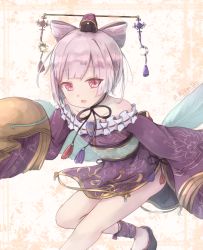 Rule 34 | 1girl, atelier (series), atelier sophie, bare shoulders, black ribbon, blush, brown hat, collarbone, commentary, cone hair bun, corneria (atelier), crescent, dalachi (headdress), dress, english commentary, fang, frilled dress, frills, hair bun, hat, highres, hikari niji, long sleeves, looking at viewer, mini hat, neck ribbon, parted lips, pink hair, purple dress, red eyes, ribbon, ribbon-trimmed dress, ribbon trim, short dress, short hair, sleeves past fingers, sleeves past wrists, slit pupils, solo, twitter username, wide sleeves