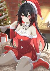 1girl ahoge bare_shoulders black_hair blush boots box breasts chimney christmas_present christmas_tree cleavage colored_inner_hair dress gift gift_box hat highres honkai_(series) honkai_impact_3rd indoors long_hair medium_breasts multicolored_hair red_dress red_eyes red_footwear red_hair santa_boots santa_dress santa_hat seele_(alter_ego) seele_vollerei sitting solo thighs two-tone_hair unifox0123 wariza