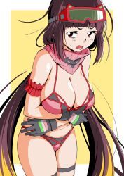 Rule 34 | 1girl, arm strap, bikini, black gloves, breasts, brown hair, cowboy shot, fate/grand order, fate (series), frilled straps, gloves, goggles, goggles on head, large breasts, looking to the side, low twintails, osakabehime (fate), osakabehime (swimsuit archer) (fate), pink scarf, red eyes, scarf, solo, swimsuit, twintails, yamaki anp
