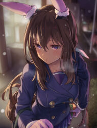 Rule 34 | 1girl, admire vega (umamusume), animal ears, blurry, blurry background, blush, box, breasts, christmas, christmas present, cityscape, collarbone, gift, gift box, heavy breathing, highres, holding, holding gift, horse ears, horse girl, horse tail, long hair, medium breasts, mittens, outdoors, ponytail, pov, school uniform, snowing, solo, starheart, sweat, tail, tracen school uniform, umamusume, winter uniform