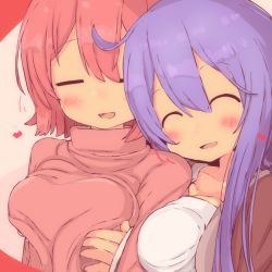 Rule 34 | 2girls, grabbing another&#039;s breast, breast rest, breasts squeezed together, breasts, from behind, grabbing, long hair, multiple girls, open mouth, purple hair, red hair, sen (pixiv26916995), short hair, smile, yuri