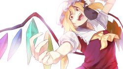 Rule 34 | 1girl, ascot, bad id, bad perspective, bad pixiv id, bag, blonde hair, crystal, embodiment of scarlet devil, female focus, flandre scarlet, hat, irohara mitabi, open mouth, short hair, solo, touhou, upper body, wings
