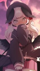 Rule 34 | 1girl, beret, black hat, black wings, blue archive, blush, cloud, evening, feathered wings, gulim, halo, hat, head wings, highres, koharu (blue archive), long hair, long sleeves, looking at viewer, nose blush, off shoulder, outdoors, pink hair, pink skirt, pleated skirt, sailor collar, skirt, sky, sleeves past wrists, solo, tears, twintails, white sailor collar, wings