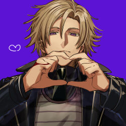 Rule 34 | 1boy, black coat, blonde hair, coat, command spell, daybit sem void, fate/grand order, fate (series), hair between eyes, heart, heart hands, highres, long sleeves, looking at viewer, looking down, male focus, necktie, nitaka (fujikichi), open clothes, purple background, purple eyes, short hair, simple background, smile, solo, trench coat, upper body
