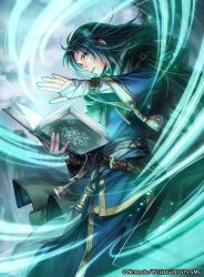 Rule 34 | 1boy, androgynous, black hair, book, cape, casting spell, company name, facial mark, fire emblem, fire emblem: path of radiance, fire emblem cipher, forehead mark, holding, holding book, long hair, magic, male focus, nintendo, official art, open book, p-nekor, red eyes, soren (fire emblem), waist sash