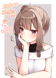 Rule 34 | 1girl, bare shoulders, black shirt, blush, breasts, brown eyes, brown hair, character request, closed mouth, collarbone, commentary request, dress, finger counting, grey background, highres, mahoutsukai rose no sado life, medium breasts, middle w, off-shoulder dress, off shoulder, ominaeshi (takenoko), shirt, side ponytail, sleeveless, sleeveless shirt, solo, translation request, two-tone background, upper body, w, white background, white dress