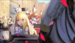 Rule 34 | 1girl, azur lane, bare shoulders, bird, blonde hair, blurry, blush, building, carriage, chick, commentary request, crown, day, depth of field, detached sleeves, fang, hat, helmet, horse, long hair, mini crown, mosso1120, open mouth, outdoors, petals, purple eyes, queen elizabeth (azur lane), sitting, solo focus, top hat, uniform, v-shaped eyebrows, veil