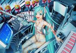 Rule 34 | 00s, 1girl, :d, aqua eyes, aqua hair, armpits, bad id, bad pixiv id, bandaged arm, bandaged leg, bandages, bandages around chest, blood, breasts, cable, cardiogram, chair, colored eyelashes, computer, electrodes, from above, from side, groin, happy, hatsune miku, headphones, highres, instrument, intravenous drip, keyboard, keyboard (instrument), long hair, looking at viewer, matching hair/eyes, microphone, midriff, monitor, naked bandage, nellson, open mouth, sitting, small breasts, smile, solo, studio microphone, swept bangs, syringe, thigh gap, twintails, underboob, very long hair, vocaloid