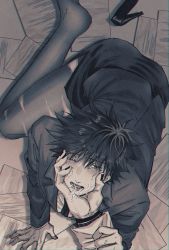 Rule 34 | 2boys, all fours, arm tattoo, ass, black hair, blush, commentary request, crossdressing, cum, facial, from above, fushiguro megumi, fushirun rung, green eyes, hair between eyes, hand on another&#039;s face, highres, holding another&#039;s wrist, jacket, jujutsu kaisen, long sleeves, male focus, multiple boys, nail polish, necktie, one eye closed, pantyhose, ryoumen sukuna (jujutsu kaisen), shirt, shoes, unworn shoes, short hair, side slit, skirt, spiked hair, tattoo, tongue, tongue out, torn clothes, torn legwear, yaoi