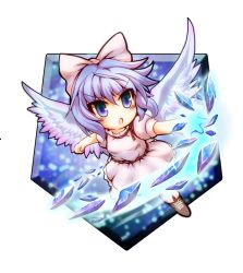 Rule 34 | 1girl, :o, angel wings, blue background, blue eyes, bow, chibi, clenched hand, cross-laced footwear, dress, female focus, hair bow, ice crystal, light purple hair, looking away, mai (touhou), open mouth, rope, short hair, solo, sore (whirlwind), touhou, touhou (pc-98), transparent background, wings