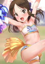 Rule 34 | 1girl, arms up, bare shoulders, blue bow, blurry, blurry background, blush, bow, brown eyes, brown hair, cheerleader, clothes writing, collarbone, commentary request, crop top, depth of field, flat chest, hair bow, holding, idolmaster, idolmaster cinderella girls, looking at viewer, midriff, navel, open mouth, parted bangs, pettan p, pom pom (cheerleading), short shorts, shorts, solo, standing, standing on one leg, tachibana arisu, v-shaped eyebrows