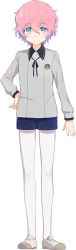 Rule 34 | 10s, 1boy, akita toushirou, alternate costume, blue eyes, full body, hand on own hip, pantyhose under shorts, male focus, official art, pantyhose, personification, pink hair, shorts, simple background, smile, solo, touken ranbu, transparent background, white pantyhose