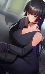 Rule 34 | 1girl, absurdres, black choker, black dress, black hair, blunt bangs, bocchi the rock!, breasts, chair, choker, cleavage, clothing cutout, collarbone, colored inner hair, dress, elbow rest, green eyes, hand up, highres, large breasts, lip piercing, long hair, multicolored hair, pa-san, piercing, rororo, sitting, sleeves past wrists, solo, straight hair, table