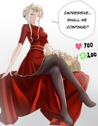 Rule 34 | 1girl, unworn armor, black pantyhose, breasts, commentary, crossed legs, crown, dress, edelgard von hresvelg, english commentary, english text, fire emblem, fire emblem: three houses, fire emblem heroes, grin, hair bun, highres, looking at viewer, medium breasts, meme, nintendo, official alternate costume, pantyhose, pomelomelon, purple eyes, red dress, sitting, smile, solo, twitter strip game (meme), white hair