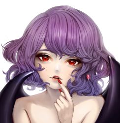 Rule 34 | 1girl, bat wings, collarbone, commentary request, earrings, eye focus, fangs, finger to mouth, hand up, head tilt, highres, jewelry, lipstick, looking at viewer, makeup, miyako yamamoto, nail polish, no headwear, nude, parted lips, portrait, purple hair, red eyes, red lips, red nails, remilia scarlet, short hair, simple background, smile, solo, touhou, white background, wings