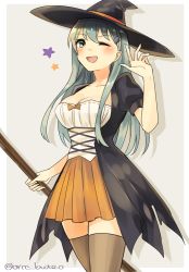 Rule 34 | 1girl, alternate costume, black hat, breasts, brown thighhighs, cleavage, cowboy shot, dress, green hair, halloween, hat, kantai collection, long hair, looking at viewer, medium breasts, puffy sleeves, solo, stick, suzuya (kancolle), thighhighs, twitter username, waving, witch hat, yamashichi (mtseven), yellow eyes