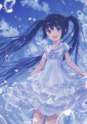 Rule 34 | 1girl, :d, absurdres, ahoge, bad id, bad pixiv id, blue eyes, blue hair, blue sky, blush, cherry blossoms, cloud, commentary request, coraman, day, dress, hair between eyes, highres, layered dress, long hair, looking at viewer, neck ribbon, open mouth, original, outdoors, petals, pleated dress, puffy short sleeves, puffy sleeves, ribbon, short sleeves, sky, smile, solo, teeth, twintails, upper teeth only, very long hair, water drop, white dress, white ribbon