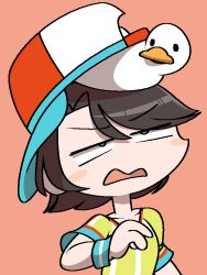 Rule 34 | . ., 1girl, animal, animal on head, annoyed, asymmetrical bangs, baseball cap, bird, black eyes, blank eyes, blue eyes, blush, blush stickers, brown hair, collarbone, constricted pupils, duck, eye contact, female focus, flat chest, half-closed eyes, hand up, hat, hololive, jaggy lines, looking at another, looking down, looking up, multicolored clothes, multicolored headwear, on head, oozora subaru, open mouth, red background, shirt, short hair, short sleeves, sidelocks, simple background, standing, striped clothes, striped shirt, subaru duck, swept bangs, upper body, v-shaped eyebrows, vilepluff, virtual youtuber, wristband, yellow shirt