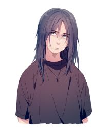 Rule 34 | 1boy, :|, bad id, bad twitter id, bags under eyes, black hair, closed mouth, cross, cross necklace, grey eyes, hirasawa susumu, jewelry, kiri futoshi, light frown, long hair, looking away, male focus, mandrake (band), necklace, simple background, sketch, solo, upper body, white background, aged down