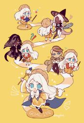 Rule 34 | 2boys, 2girls, almond cookie, blue cape, blue eyes, book, bow, bowtie, broom, broom riding, brown cape, brown dress, brown eyes, cape, capelet, cookie run, cream puff, cream puff cookie, dress, espresso cookie, food, food-themed hat, hat, holding, holding book, holding wand, humanization, latte cookie, long hair, long sleeves, low-tied long hair, multiple boys, multiple girls, open mouth, orange capelet, pocky, progression, sapphire (nine), simple background, sleeveless, sleeveless dress, smile, spoon, very long hair, wand, white bow, white bowtie, white hair, witch hat, yellow background, yellow dress
