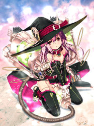 Rule 34 | 1girl, :o, bare shoulders, beads, black thighhighs, breasts, cleavage, collar, detached sleeves, earrings, elbow gloves, gloves, hat, jewelry, long hair, looking at viewer, million arthur (series), nimue (million arthur), official art, pink eyes, pink hair, red eyes, refeia, ring, small breasts, solo, straddling, thighhighs, toeless legwear, toes, v arms, vacuum cleaner, witch hat