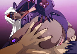 Rule 34 | 00s, 1boy, 1girl, android, ass, bare shoulders, blue eyes, breasts, censored, cleavage, cunnilingus, dark skin, hetero, highres, licking, lime (purple haze), long hair, oral, pussy, saliva, t-elos, thick thighs, thighs, tongue, white hair, xenosaga, xenosaga episode iii