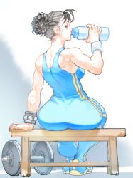 Rule 34 | 1girl, ass, bare shoulders, bench, birokichi00, bottle, brown eyes, brown hair, capcom, chun-li, double bun, drinking, dumbbell, from behind, hair bun, hair pulled back, highres, huge ass, muscular, muscular female, simple background, sleeveless, solo, street fighter, street fighter zero (series), sweat, unitard, water bottle, white background, wristband