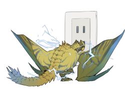 dragon electrical_outlet electricity full_body gold_scales horns monster monster_focus monster_hunter_(series) monster_hunter_wilds no_humans rey_dau scales spiked_wings taneimo_drop wyvern