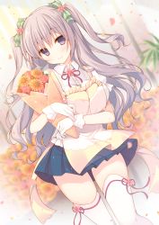 Rule 34 | 1girl, absurdres, apron, bouquet, bow, breasts, cleavage, closed mouth, dutch angle, florist, flower, gloves, green bow, green ribbon, hair between eyes, hair ribbon, highres, holding, holding bouquet, large breasts, light purple hair, long hair, looking at viewer, miko (royal milk), moe2016, original, petals, pleated skirt, puffy short sleeves, puffy sleeves, purple eyes, ribbon, short sleeves, skirt, smile, solo, string, string of fate, striped ribbon, thighhighs, thighs, two side up, very long hair, white gloves, white thighhighs, zettai ryouiki