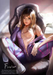 Rule 34 | 1girl, animal print, artist name, blue bodysuit, bodysuit, boots, bracer, breasts, brown eyes, brown hair, chair, couch, d.va (overwatch), facepaint, facial mark, firolian, gloves, hand on own head, high collar, highres, indoors, light rays, light smile, lips, long hair, looking at viewer, matching hair/eyes, no headwear, nose, office chair, overwatch, overwatch 1, panties, pilot suit, pink panties, rabbit print, realistic, ribbed bodysuit, shirt, shoulder pads, signature, sitting, skin tight, small breasts, solo, spread legs, swept bangs, swivel chair, tank top, underwear, undressing, unzipped, watermark, wavy hair, web address, whisker markings, white footwear, white gloves, white shirt