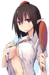 Rule 34 | 1girl, black hair, breasts, brown hair, collared shirt, hand fan, hand on breast, hat, holding, holding fan, hot, kamukamu (ars), large breasts, looking at viewer, navel, no bra, open clothes, open shirt, pointy ears, red eyes, shameimaru aya, shirt, short hair, solo, sweat, sweatdrop, touhou, white shirt, wing collar
