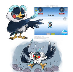 Rule 34 | black eyes, closed mouth, commentary, creatures (company), do9bessa, english commentary, fakemon, feathers, fusion, game freak, gen 4 pokemon, holding, holding feather, kricketot, musical note, nintendo, no humans, pokemon, pokemon (creature), standing, staravia, talons, twitter username
