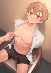 Rule 34 | 1boy, arms behind back, black male underwear, blush, boxer briefs, brown eyes, brown hair, bulge, chair, clenched teeth, collarbone, dress shirt, erection, erection under clothes, from above, half-closed eye, highres, indoors, looking at viewer, male focus, male underwear, navel, nayoshi (r-744), nipple pull, nipple stimulation, nipples, no pants, open clothes, open shirt, original, pectorals, shirt, short hair, sitting, solo focus, teeth, underwear, white shirt