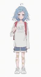 Rule 34 | 1girl, ahoge, backpack, bad id, bad twitter id, bag, bandaid, bandaid on arm, bandaid on face, bandaid on hand, bandaid on leg, blue eyes, blue hair, blue shorts, full body, highres, light oooo, long sleeves, messy hair, original, shoes, short hair, shorts, sleeves past wrists, sneakers, solo, standing, white background