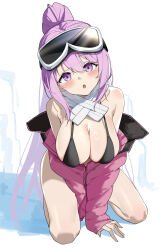 Rule 34 | 1girl, all fours, bikini, black bikini, blue archive, blush, breasts, cleavage, deatheach, eimi (blue archive), eimi (swimsuit) (blue archive), goggles, goggles on head, highres, jacket, large breasts, long hair, long sleeves, looking at viewer, open mouth, padded jacket, pink eyes, pink hair, pink jacket, ponytail, scarf, simple background, ski goggles, sleeves past wrists, solo, swimsuit, white scarf