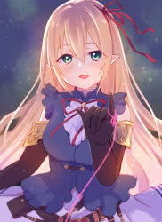Rule 34 | 1girl, :d, arisa (shadowverse), bare shoulders, black gloves, blonde hair, blue shirt, blush, breasts, elbow gloves, gloves, green eyes, gucchiann, hair between eyes, hair ribbon, hand up, highres, long hair, looking at viewer, medium breasts, open mouth, pinky out, pointy ears, princess connect!, red ribbon, ribbon, shadowverse, shirt, skirt, sleeveless, sleeveless shirt, smile, solo, string, string around finger, string of fate, very long hair, white skirt