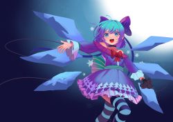 Rule 34 | 1girl, absurdres, adapted costume, bare shoulders, blue bow, blue dress, blue eyes, blue hair, blue sky, blue thighhighs, bow, bowtie, choker, cirno, dress, full moon, hair bow, highres, ice, ice wings, looking at viewer, medium hair, moon, night, night sky, open mouth, outstretched arm, recare, red bow, red bowtie, sky, smile, solo, striped clothes, striped thighhighs, teeth, thighhighs, touhou, unfinished, upper teeth only, wings