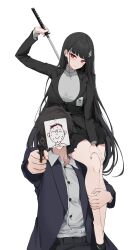 Rule 34 | 1boy, 1girl, absurdres, aiming, aiming at viewer, doodle sensei (blue archive), black coat, black hair, black nails, black skirt, blue archive, blunt bangs, carrying, carrying person, closed mouth, coat, faceless, faceless male, feint721, gun, handgun, highres, holding, holding gun, holding sword, holding weapon, hugging another&#039;s leg, katana, leg grab, long hair, long sleeves, looking at viewer, nail polish, nervous sweating, no halo, paper on head, red eyes, revision, revolver, rio (blue archive), sensei (blue archive), simple background, sitting on shoulder, skirt, smile, sweat, sword, turtleneck, very long hair, weapon, weapon behind back, white background